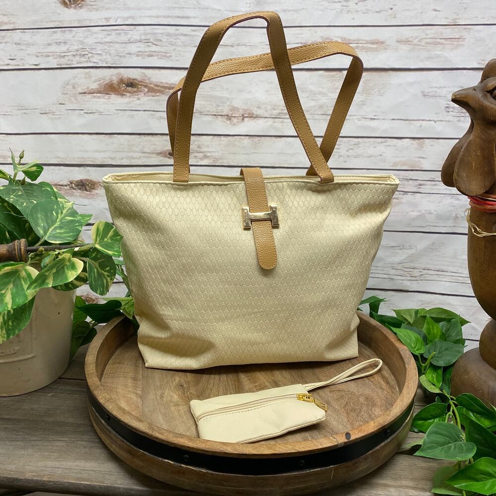 IVORY TEXTURED Tote Bag Matching Coin Key Pouch Purse Collapsible Casual